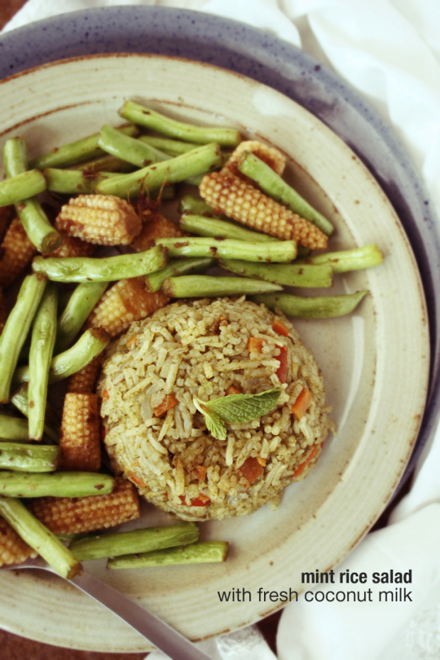 Mint rice salad with fresh coconut milk